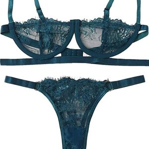 SheIn Women's 2 Piece Sexy Lace Strap Bralette Bra and Panty Lingerie Set Push U